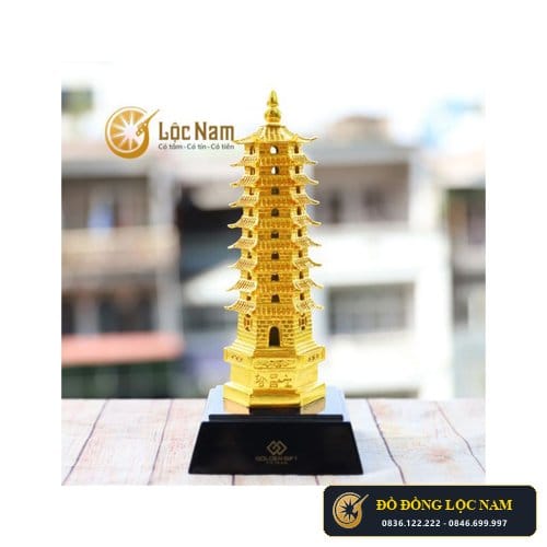 Tháp Văn Xương 9 Tầng Cao 30cm Đồng Vàng Mạ Vàng Hộp Mika 32x13cm