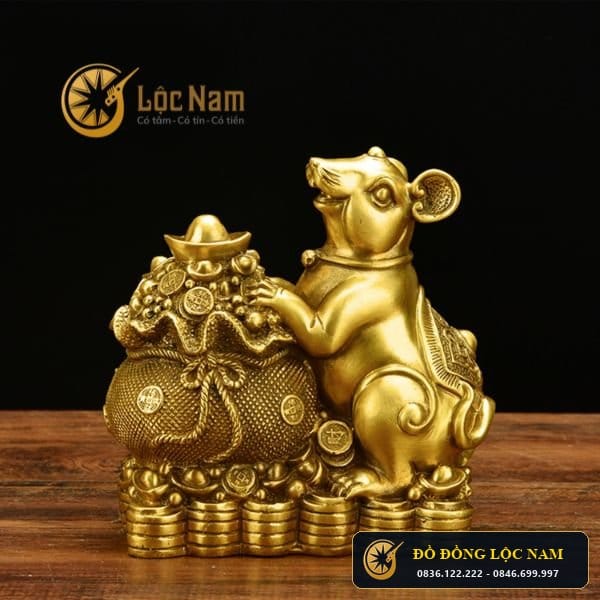 Tượng Con Chuột Bên Bao Tài Lộc Bằng Đồng Thau