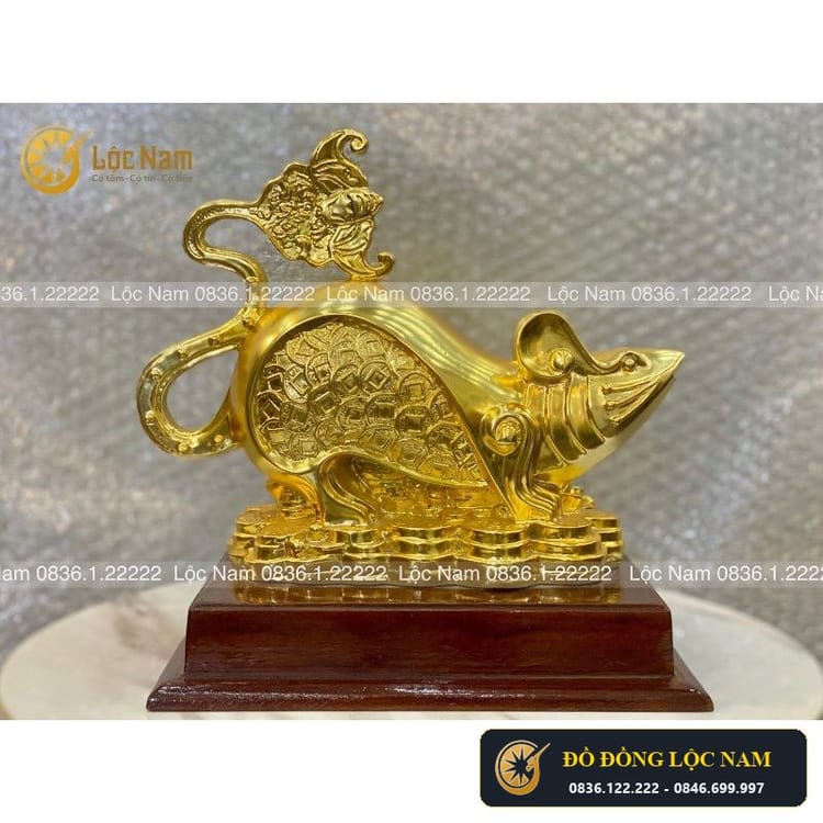 Tượng Chuột Bằng Đồng Mạ Vàng Phong Thủy 12x22cm