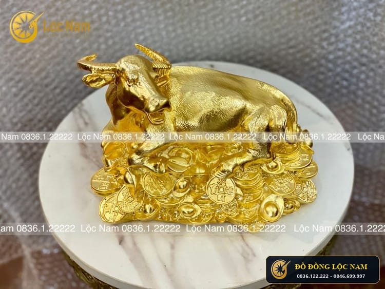 Trâu Nằm Tiền Tài Lộc Bằng Đồng Mạ Vàng Phong Thủy