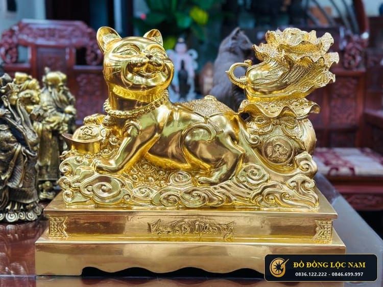 Tượng Mèo Phong Thủy Vạn Sự Như Ý Bằng Đồng Mạ Vàng 24k