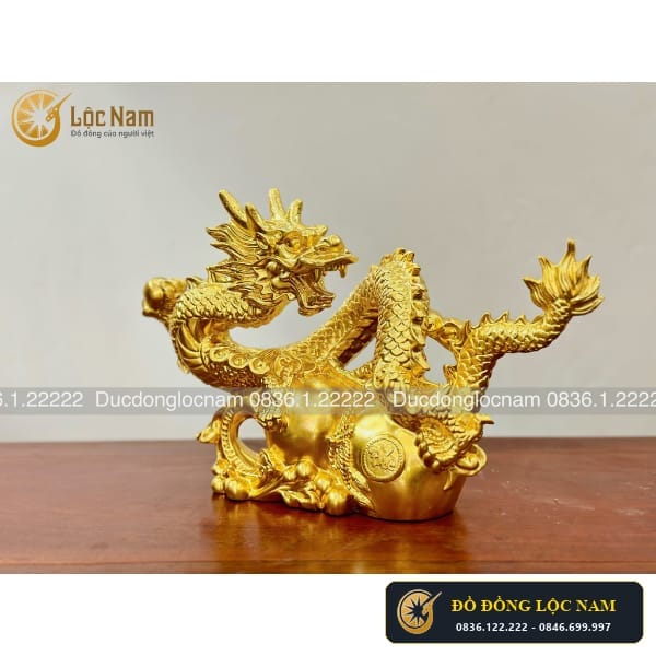 Tượng Rồng Phong Thủy Bằng Đồng Cưỡi Hồ Lô Cao 25CM