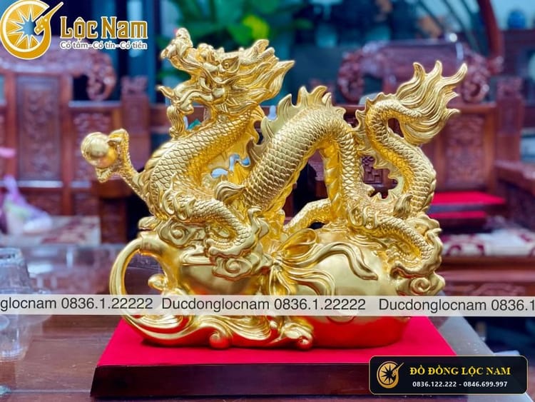 Tượng Rồng Cuộn Hồ Lô Bằng Đồng Dát Vàng Cao 42cm