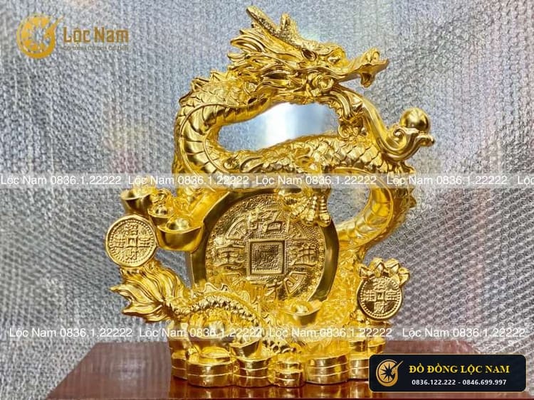 Tượng Rồng Cuộn Tiền Nhả Ngọc Bằng Đồng Cao 40cm Dát Vàng 24k
