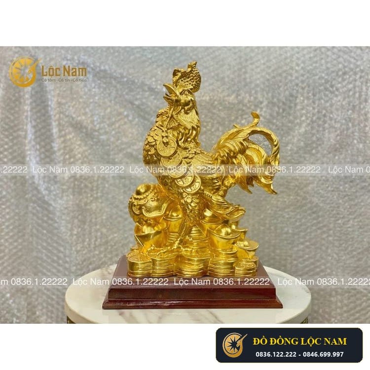 Tượng Gà Như Ý Bằng Đồng Mạ Vàng phong thủy cao 32CM
