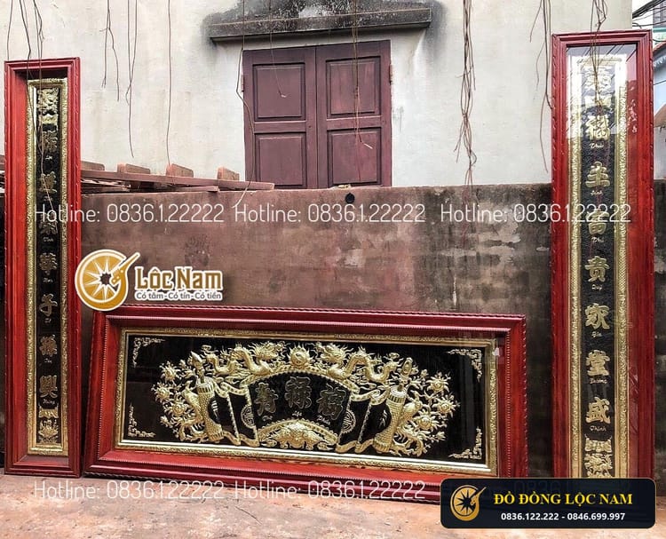 Bộ Cuốn Thư Câu Đối Tranh Tứ Quý Bằng Đồng Khung Gỗ 1m55 góc chụp 1