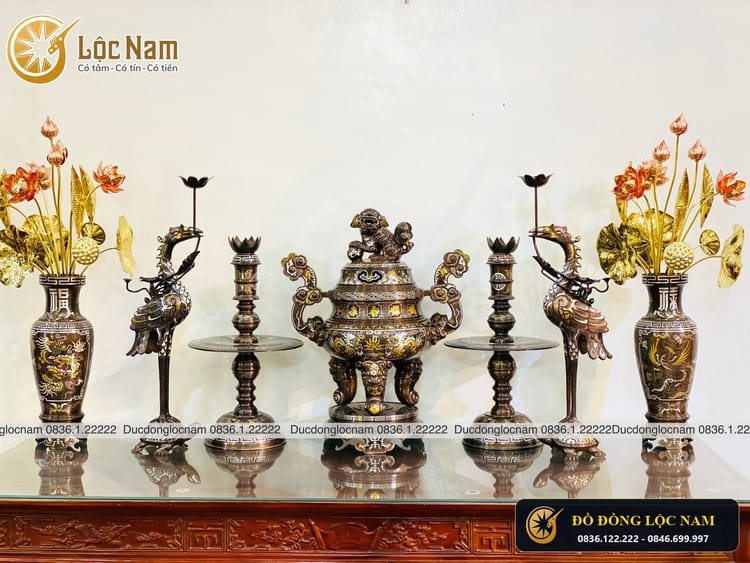 Bộ Đỉnh Ngũ Sự Bằng Đồng Khảm Ngũ Sắc Cao 70cm