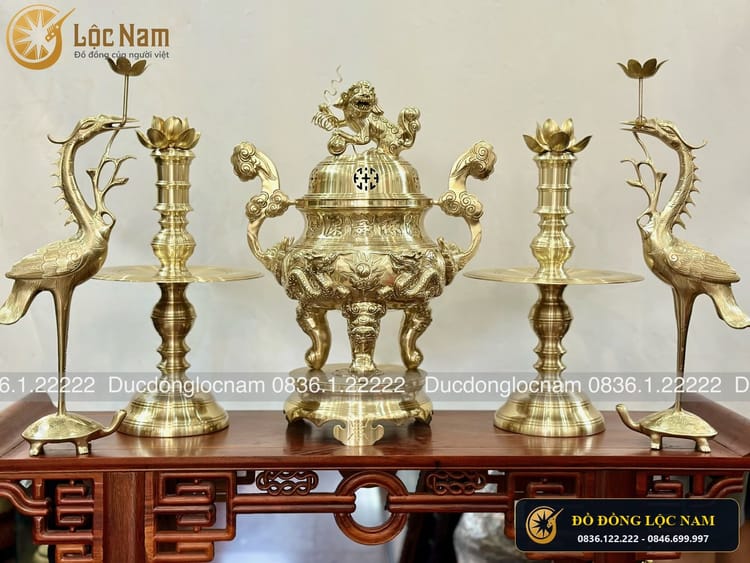 Bộ Ngũ Sự Đỉnh Rồng Bằng Đồng Vàng Thau Cao 60cm