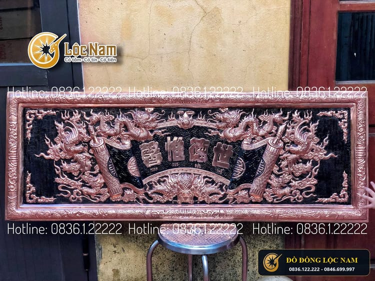 Đại Tự Câu Đối Bằng Đồng Đỏ Nền Đen Kích thước 1m55