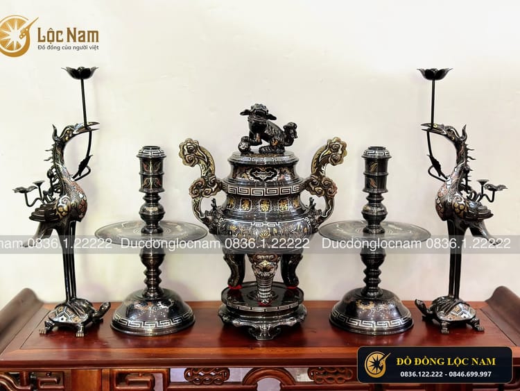 Đỉnh Ngũ Sự Bằng Đồng Đỏ Khảm Ngũ Sắc Cao 50cm