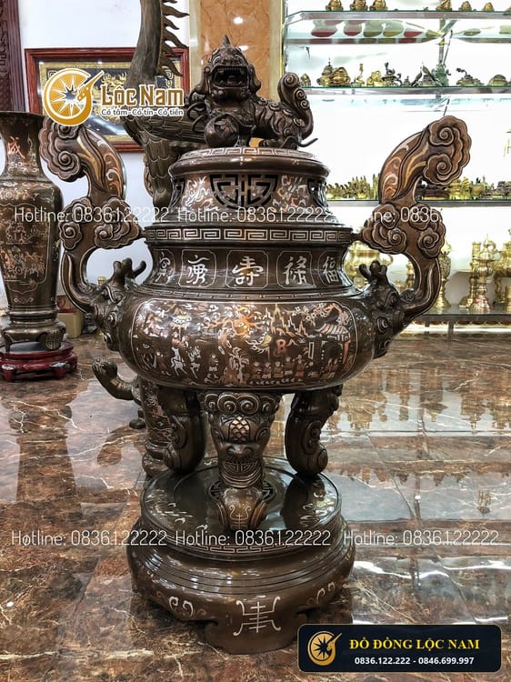 Đỉnh Tai Mây Đồng Đỏ Khảm Tam Khí Cao 1m1