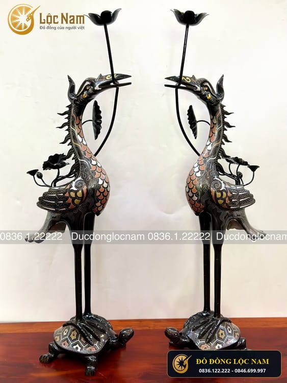 Đôi Hạc Thờ Bằng Đồng Đỏ Khảm Ngũ Sắc Bộ 70cm