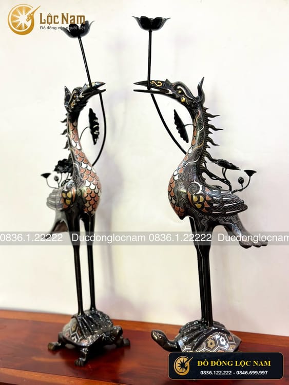 Đôi Hạc Thờ Bằng Đồng Đỏ Khảm Ngũ Sắc Bộ 70cm góc chụp 2