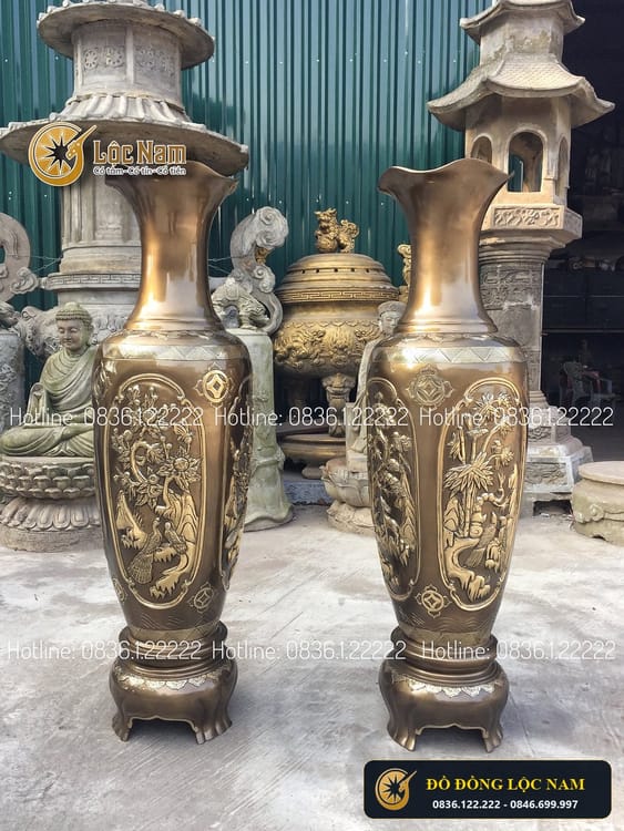 Đôi Lọ Lộc Bình Bằng Đồng Vàng Tứ Quý Cao 1m27