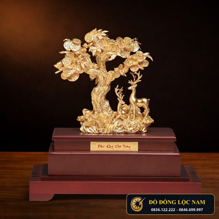 Tượng Đôi Hươu Tài Lộc Dát Vàng 24K Phong Thủy