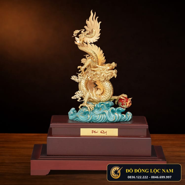 Mô Hình Rồng Thăng Long Mạ Vàng 24K Đế Pha Lê Xanh