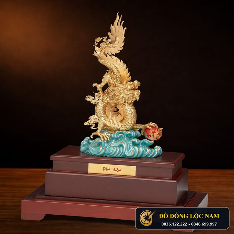Mô Hình Rồng Thăng Long Mạ Vàng 24K Đế Pha Lê Xanh góc chụp 2