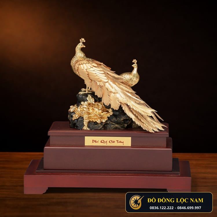 Tượng Chim Công Uyên Ương Phú Quý Mạ Vàng 24K