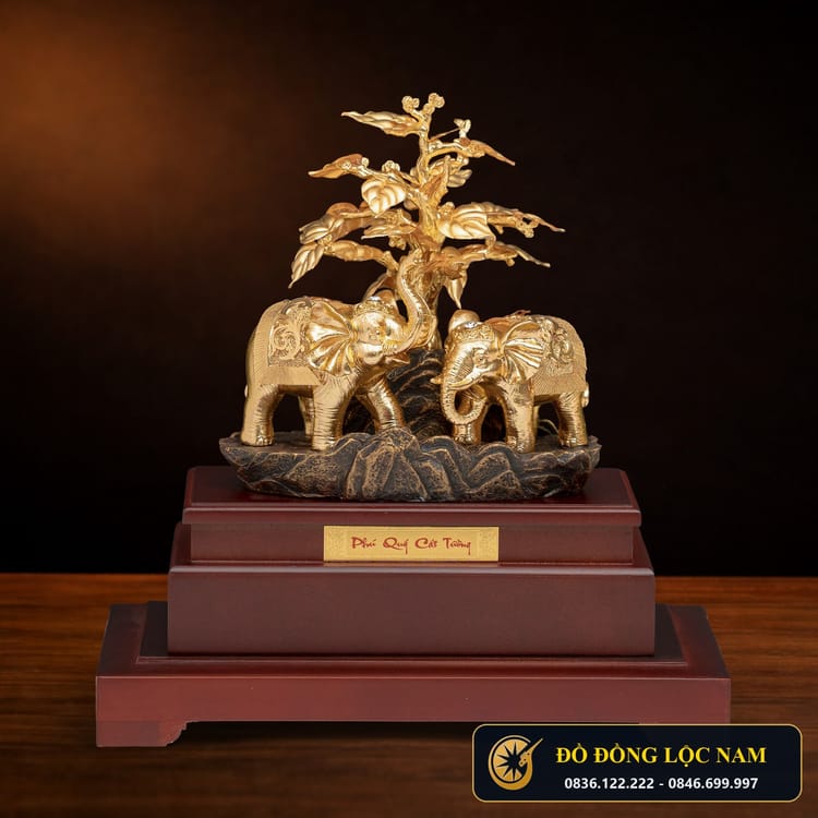 Mô Hình Voi Thần Tài Phong Thủy Mạ Vàng 24K