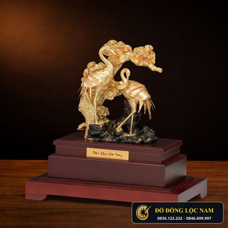 Tượng Song Hạc Dưới Gốc Tùng Mạ Vàng 24K