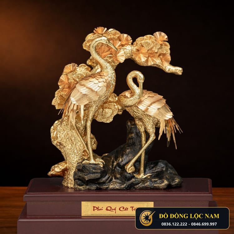 Tượng Song Hạc Dưới Gốc Tùng Mạ Vàng 24K góc chụp 1