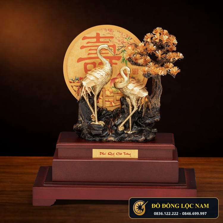Tượng Tùng Hạc Diên Niên Cỡ Lớn Mạ Vàng 24K Đỉnh Cao