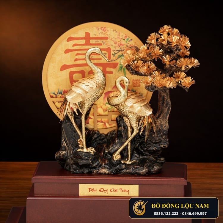 Tượng Tùng Hạc Diên Niên Cỡ Lớn Mạ Vàng 24K Đỉnh Cao góc chụp 2