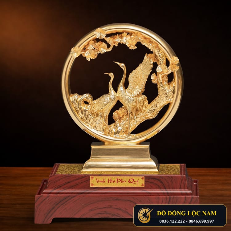 Tượng Tùng Hạc Diên Niên Mạ Vàng 24K Bách Niên Giai Lão