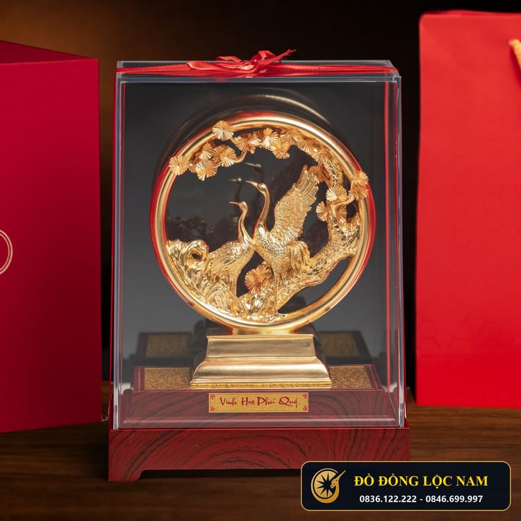 Tượng Tùng Hạc Diên Niên Mạ Vàng 24K Bách Niên Giai Lão góc chụp 2