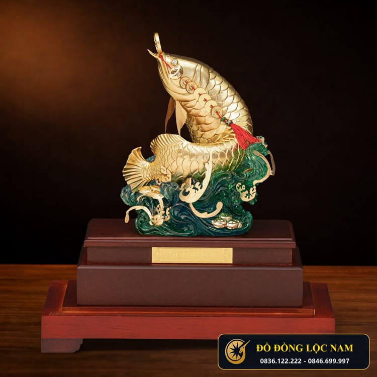 Tượng Cá Rồng Phong Thủy Chiêu Tài Mạ Vàng 24K
