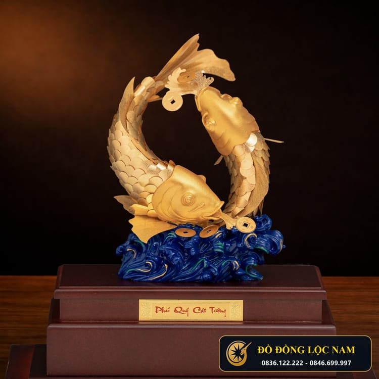 Tượng Song Cá Phong Thủy Vượng Khí Mạ Vàng 24K