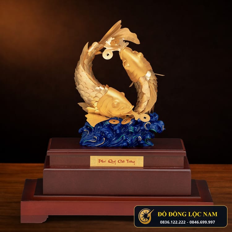 Tượng Song Cá Phong Thủy Vượng Khí Mạ Vàng 24K góc chụp 1