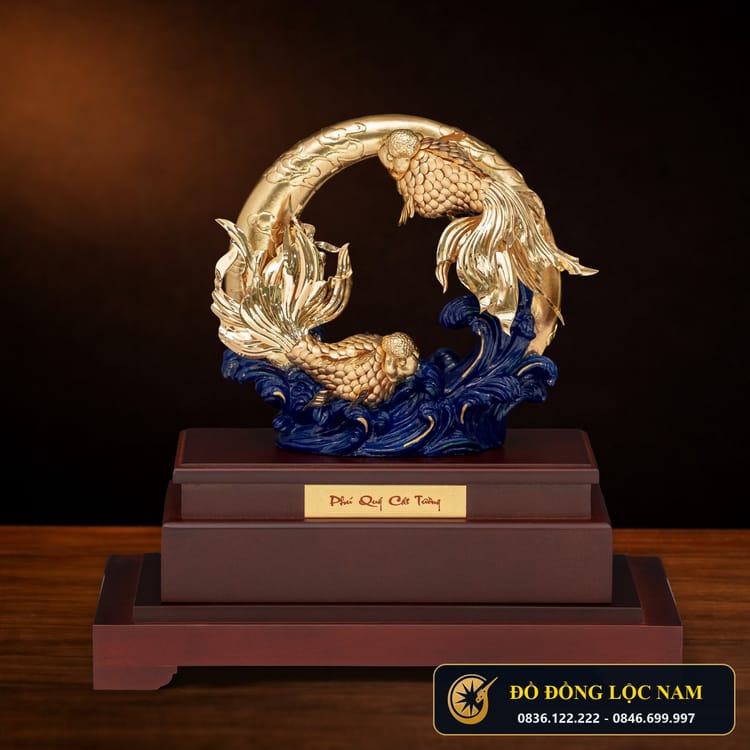 Tượng Song Ngư Tài Lộc Ngậm Ngọc Mạ Vàng 24K