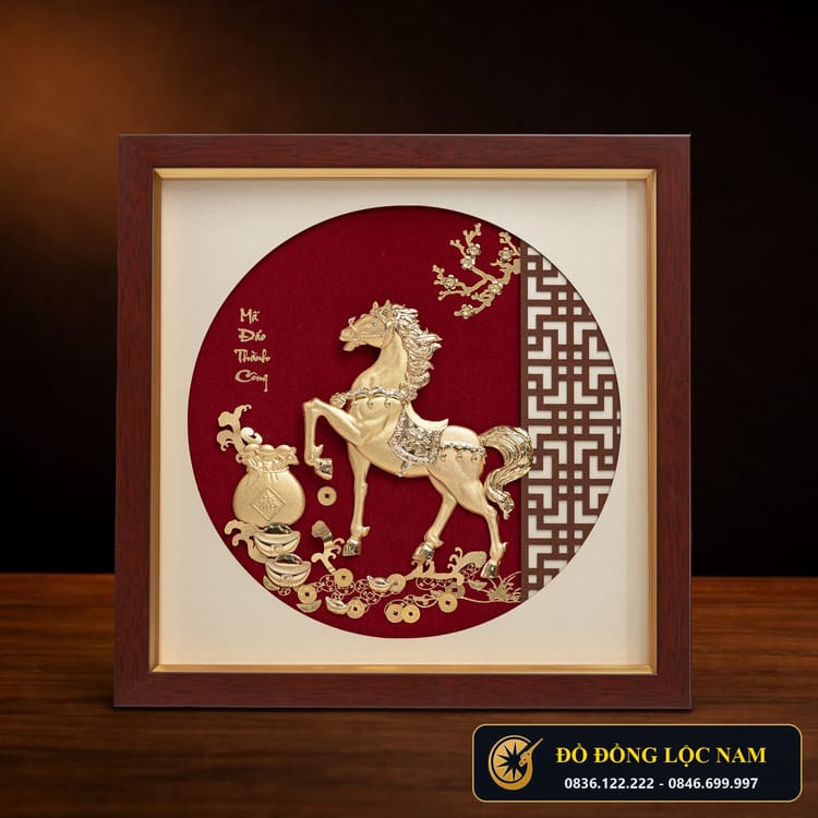 Tranh Ngựa Phong Thủy Mini Để Bàn Mạ Vàng 24K