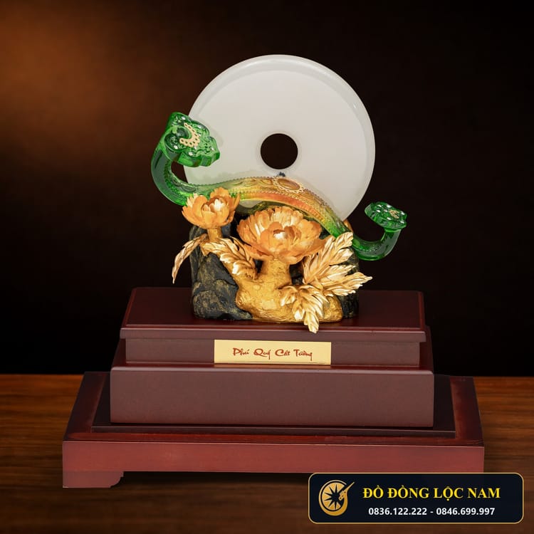 Tượng Hoa Mẫu Đơn Như Ý Cát Tường Mạ Vàng 24K