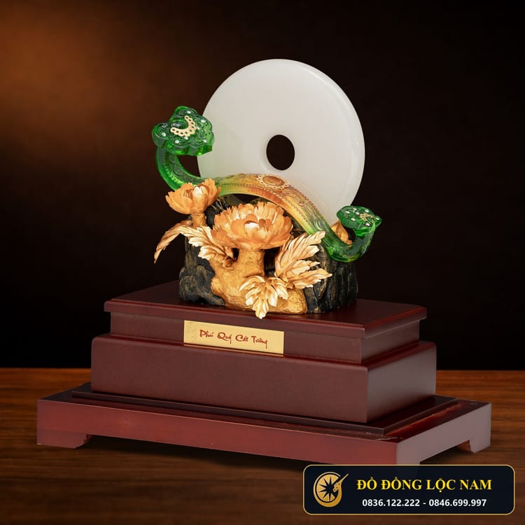Tượng Hoa Mẫu Đơn Như Ý Cát Tường Mạ Vàng 24K góc chụp 1
