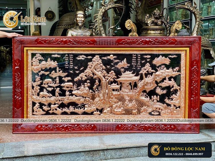 Lắp Đặt tranh đồng quê bằng đồng đỏ 2m3 x 1m2 tại nhà khách Nam Định góc chụp 2