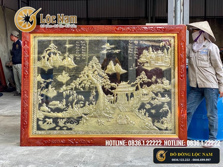 Tranh Đồng Quê Bằng Đồng 2m5 x 1m5 Khung Gỗ Hương Đỏ