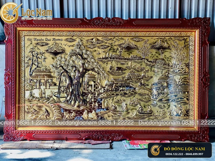 Tranh Đồng Quê Bằng Đồng 2m55 x 1m55 Khung Gỗ Gụ