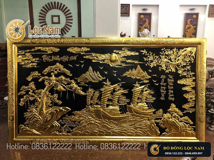 Tranh Đồng Thuận Buồm Xuôi Gió Bằng Đồng Dát Vàng 2m5 x 1m3