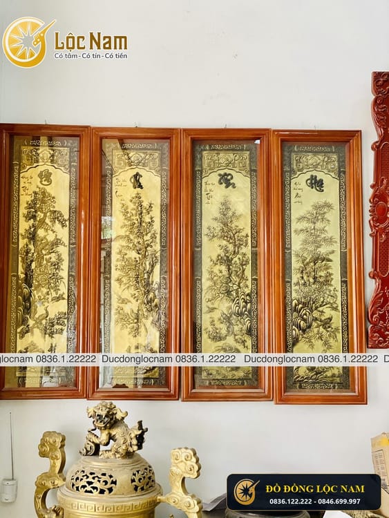 Tranh Tứ Quý Bằng Đồng 1m x 40 Khung Gỗ Gụ
