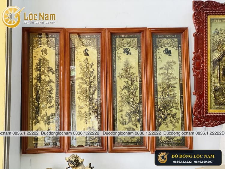 Tranh Tứ Quý Bằng Đồng 1m x 40 Khung Gỗ Gụ góc chụp 1