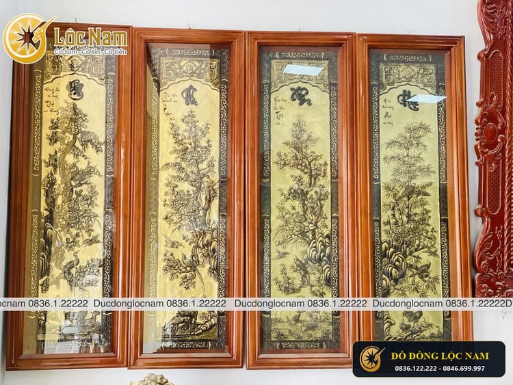 Tranh Tứ Quý Bằng Đồng 1m x 40 Khung Gỗ Gụ góc chụp 2