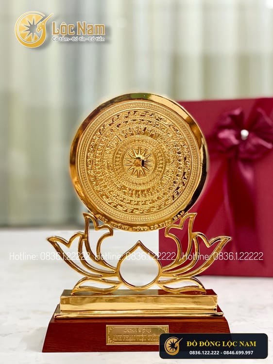 Mặt Trống Đồng Quà Tặng Để Bàn Mạ Vàng 24K