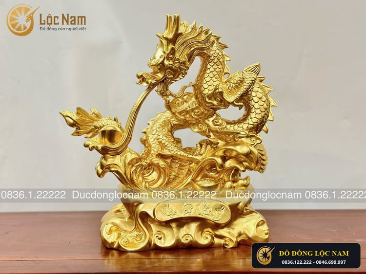Tượng Rồng Phong Thủy Nhả Tiền Bằng Đồng Cao 40cm Dát Vàng 24K