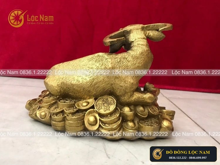 Tượng Trâu Nằm Trên Tiền Bằng Đồng Cao 11cm góc chụp 1