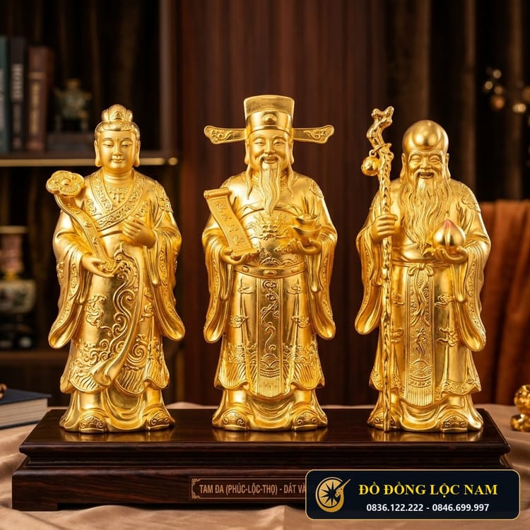 Bộ Tượng Tam Đa Phúc Lộc Thọ Bằng Đồng Dát Vàng 9999 Cao 42cm
