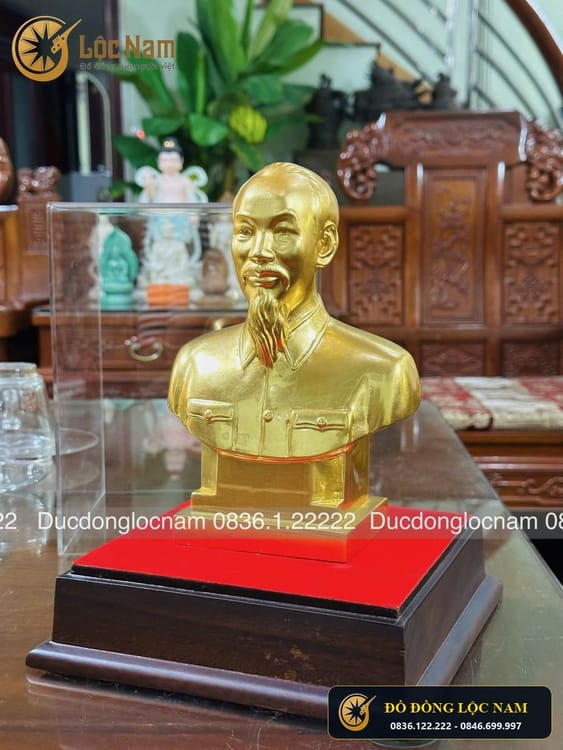 Tượng bác hồ bán thân bằng đồng cao 22cm dát vàng