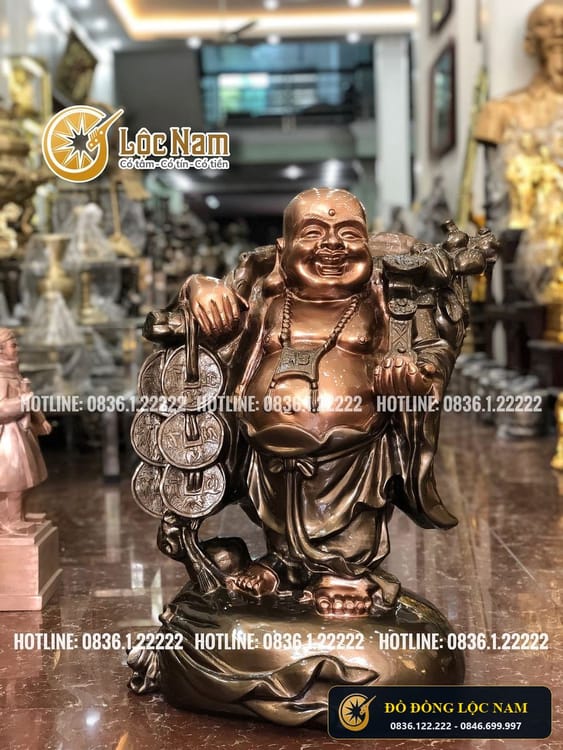 Tượng Di Lặc Bằng Đồng Gánh Tiền Tay Cầm Như Ý Cao 68cm