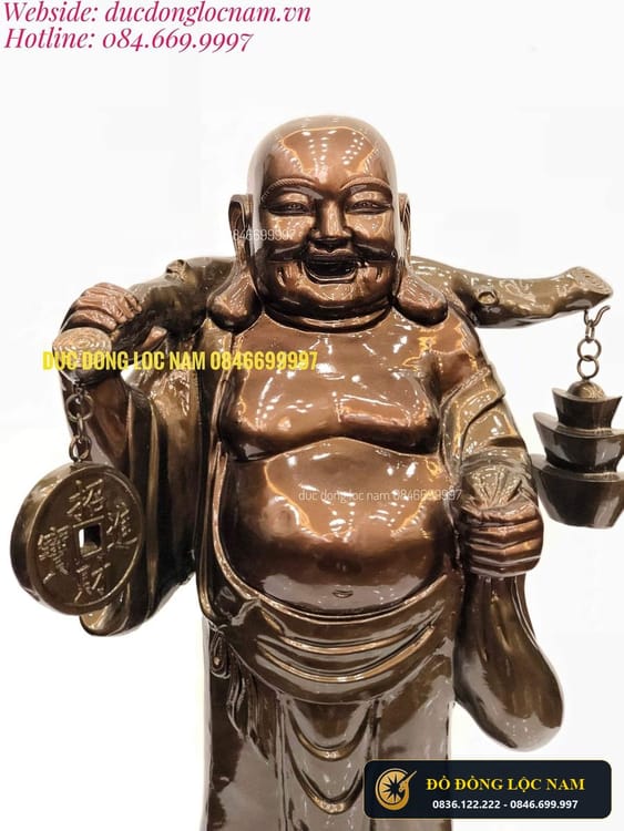 Tượng Di Lặc Bằng Đồng Gánh Tiền Vàng Cao 75cm